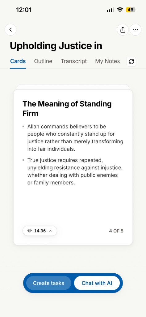 Actual Lumaat note screen showing The Meaning of Standing Firm, key points, and a transcript timestamp